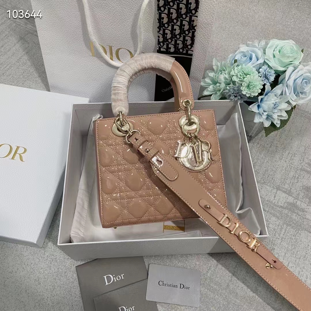 Dior Women Small Lady Dior Bag Beige Patent Cannage Calfskin