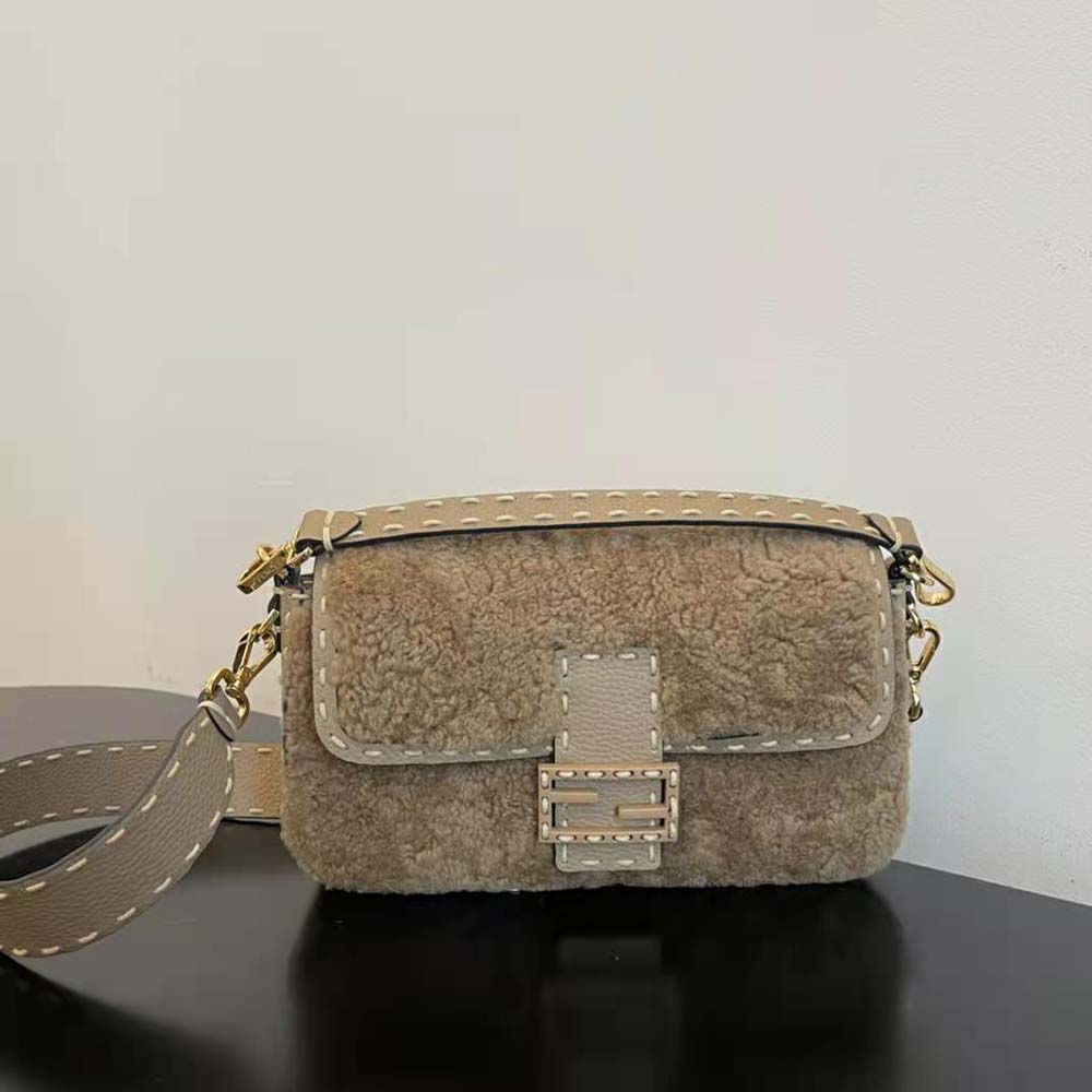 Fendi Women Baguette Beige Sheepskin Bag