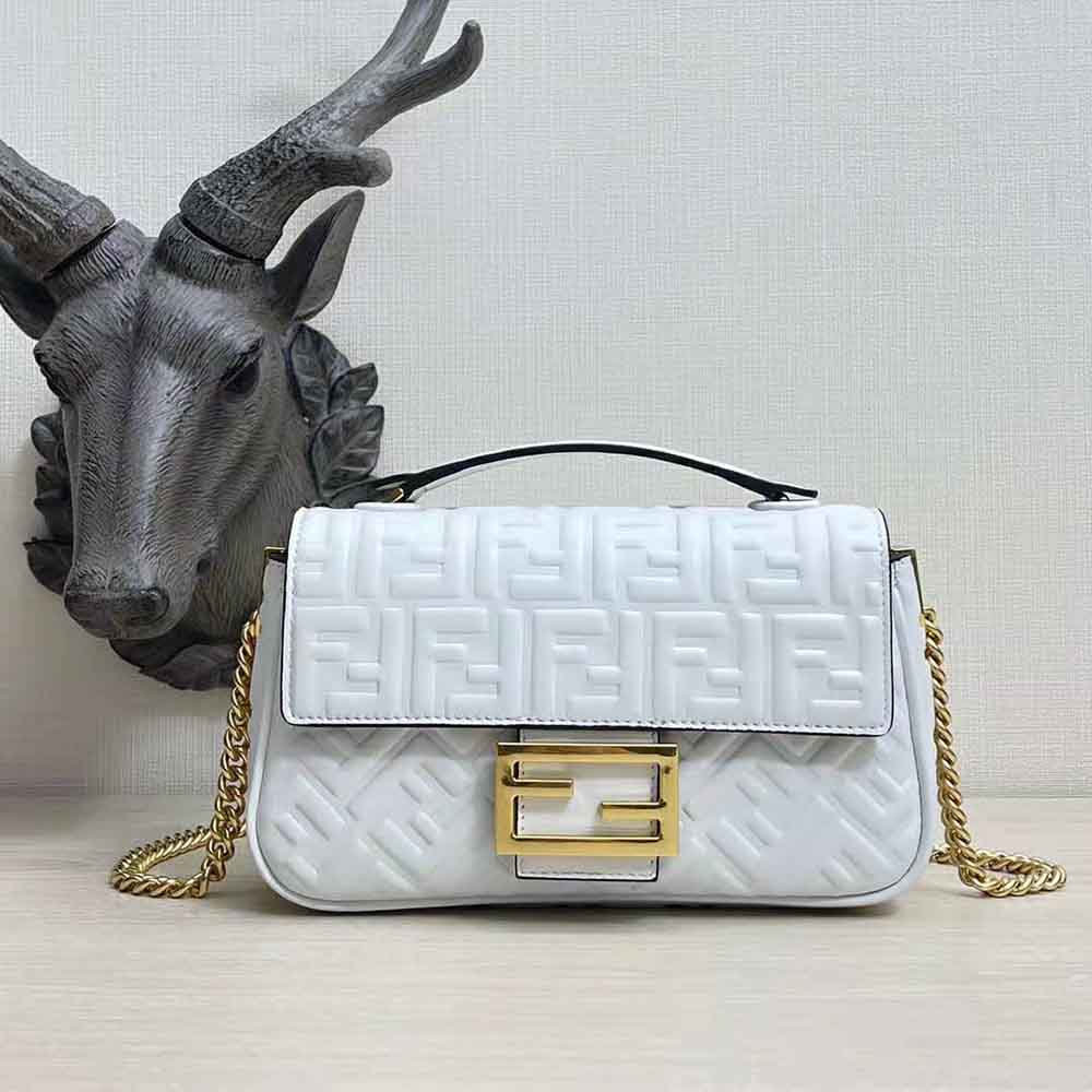 Fendi Women Baguette Chain Midi Light Gray Leather Bag-White