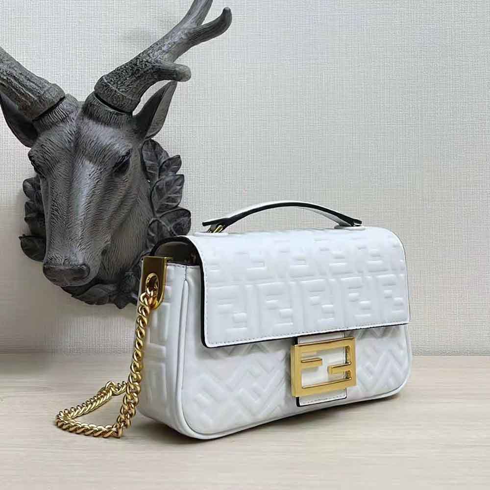 Fendi Women Baguette Chain Midi Light Gray Leather Bag-White