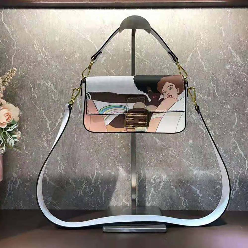 Fendi Women Baguette FF White Glazed Fabric Bag with Inlay