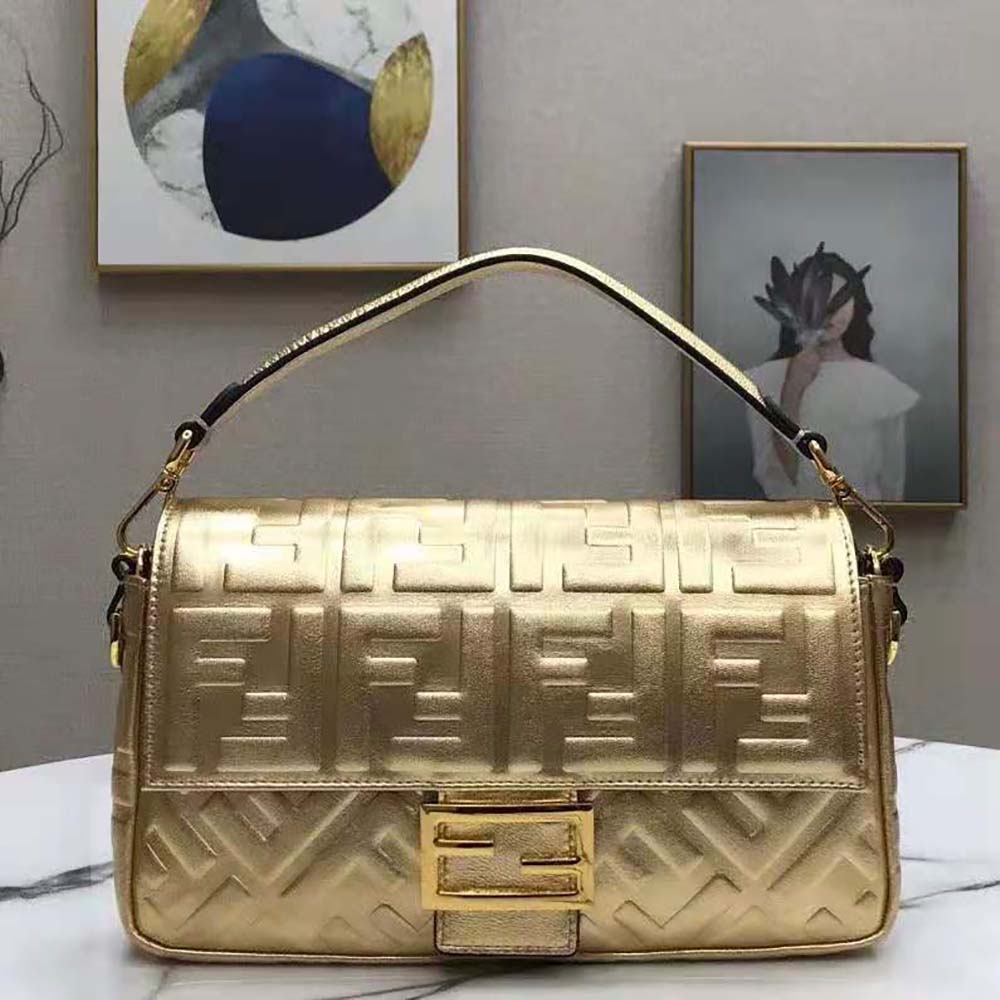 Fendi Women Baguette Fendi Prints On Leather Bag-Gold