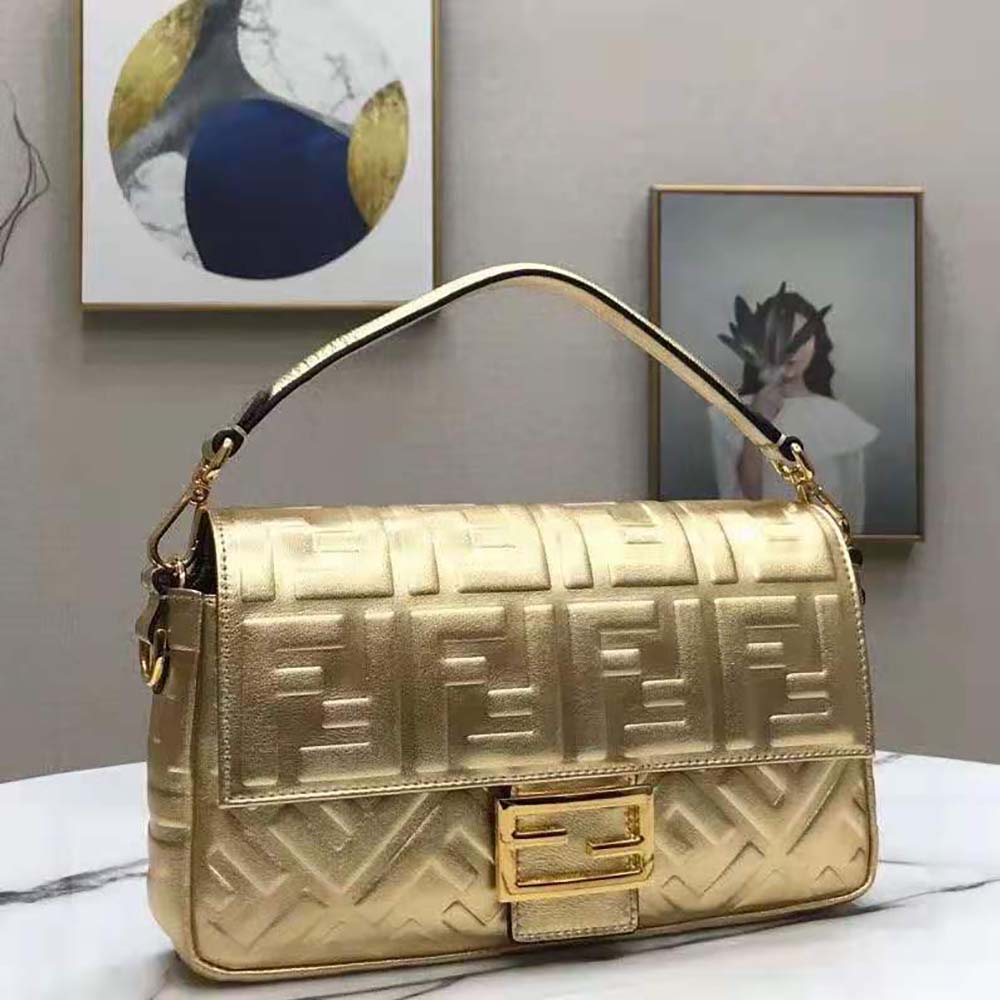 Fendi Women Baguette Fendi Prints On Leather Bag-Gold