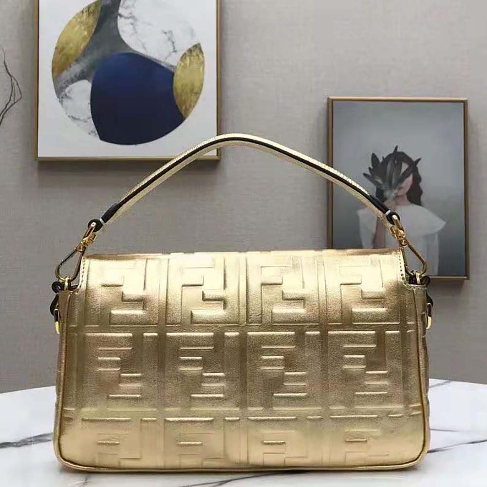 Fendi Women Baguette Fendi Prints On Leather Bag-Gold