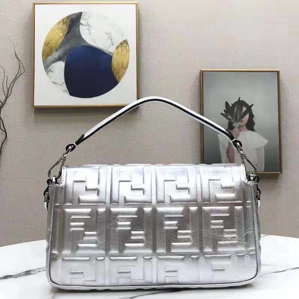 Fendi Women Baguette Fendi Prints On Leather Bag-Silver