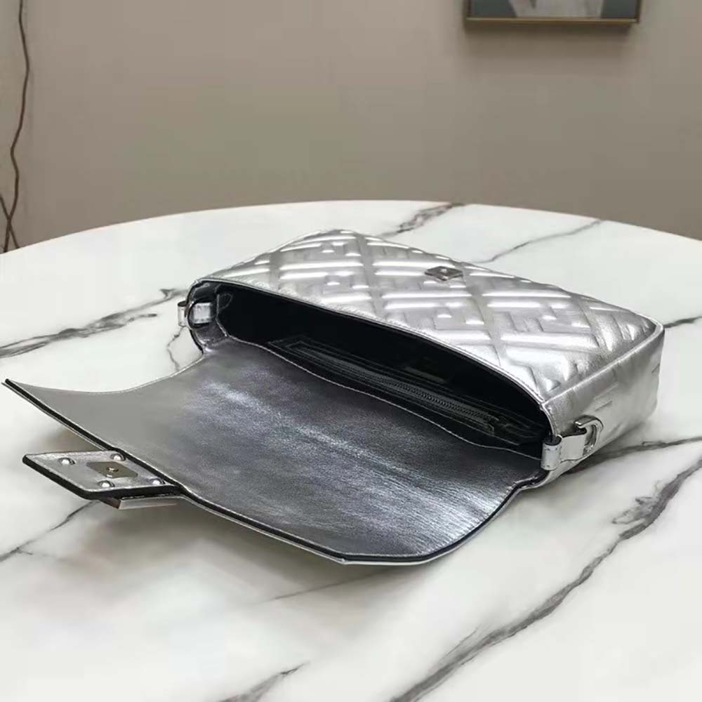 Fendi Women Baguette Fendi Prints On Leather Bag-Silver
