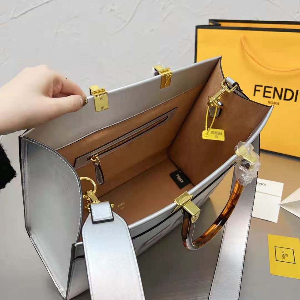 Fendi Women Fendi Sunshine Medium Silver Laminated Leather Shopper