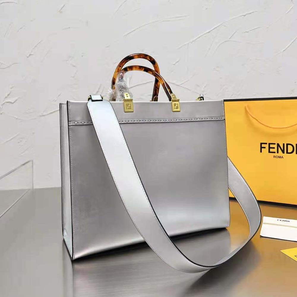 Fendi Women Fendi Sunshine Medium Silver Laminated Leather Shopper