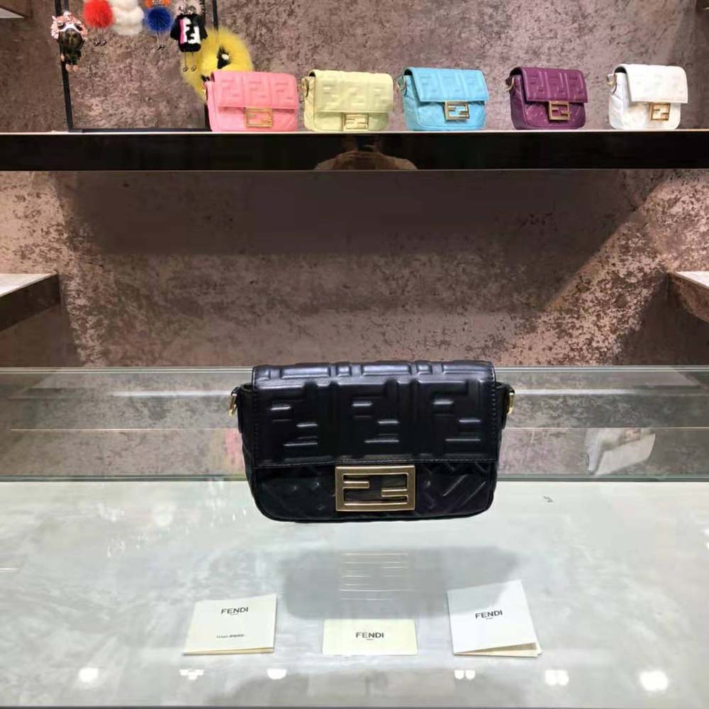 Fendi Women Iconic Mini Baguette Black Leather Bag