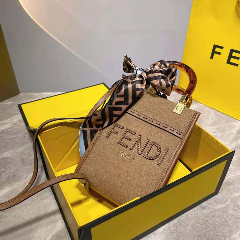 Fendi Women Mini Sunshine Shopper Brown Flannel Mini-Bag