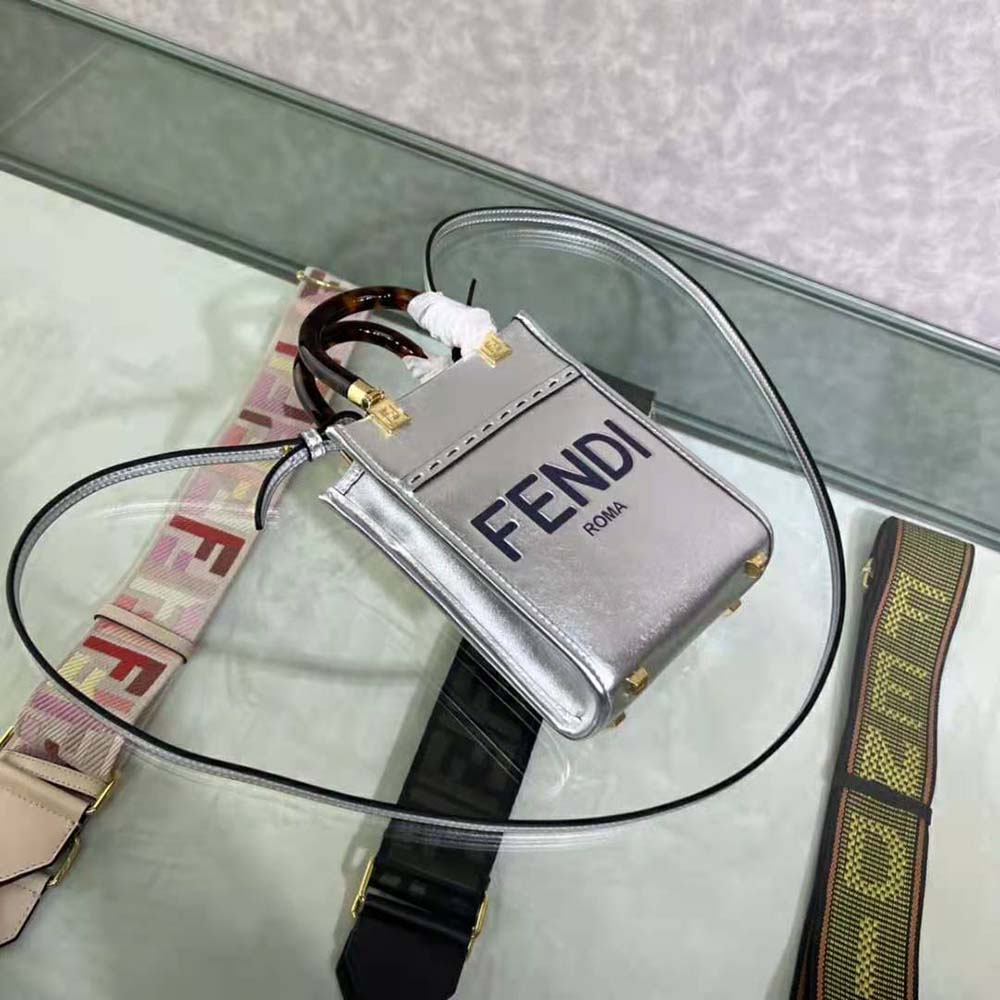 Fendi Women Mini Sunshine Shopper Silver Laminated Leather Shopper