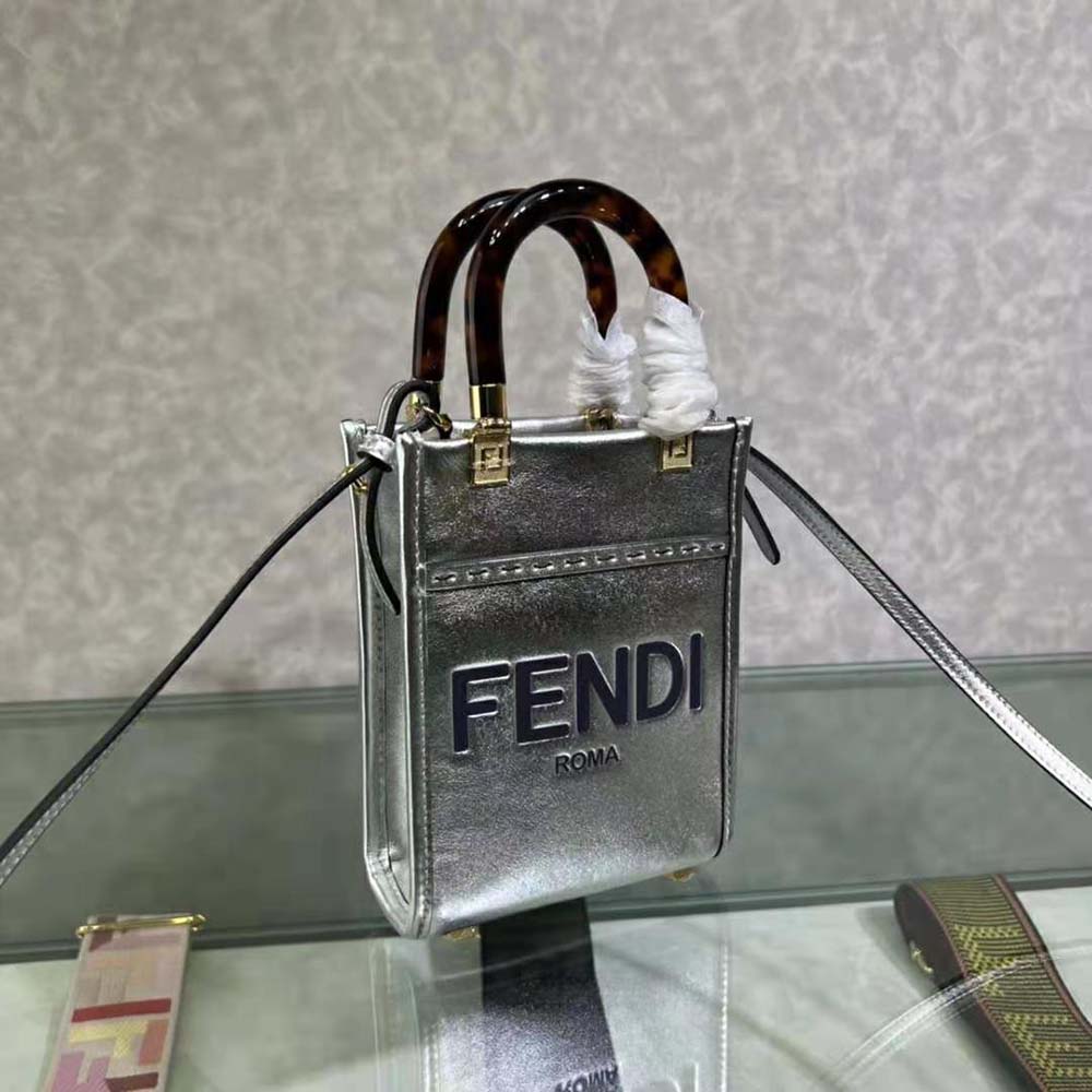 Fendi Women Mini Sunshine Shopper Silver Laminated Leather Shopper