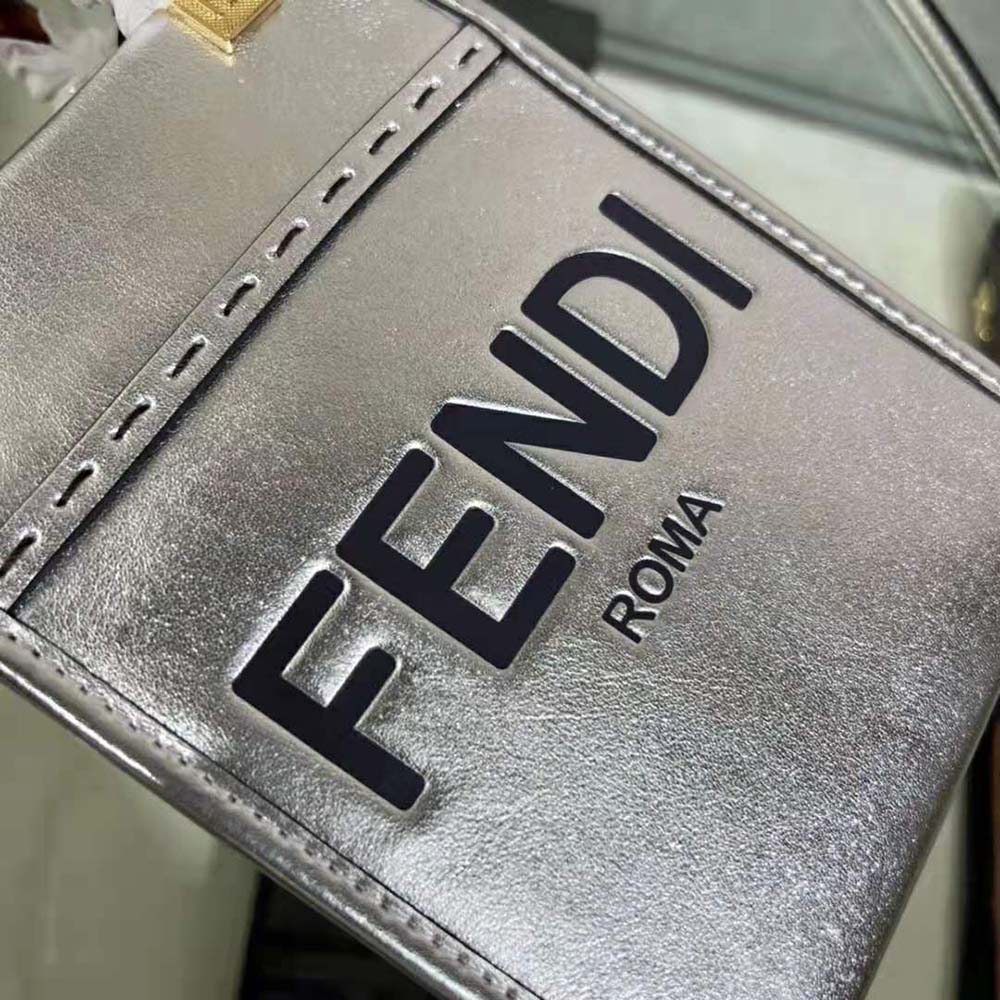 Fendi Women Mini Sunshine Shopper Silver Laminated Leather Shopper