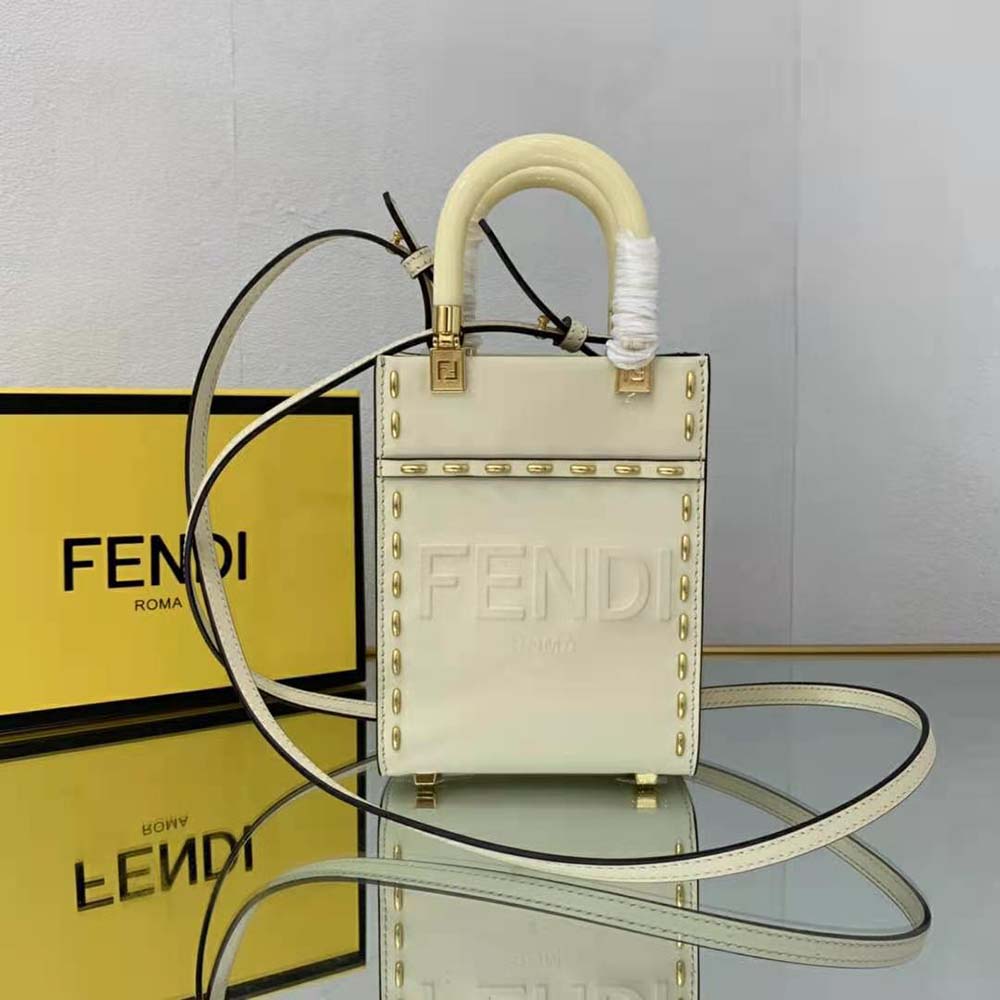Fendi Women Mini Sunshine Shopper White Leather Mini Bag