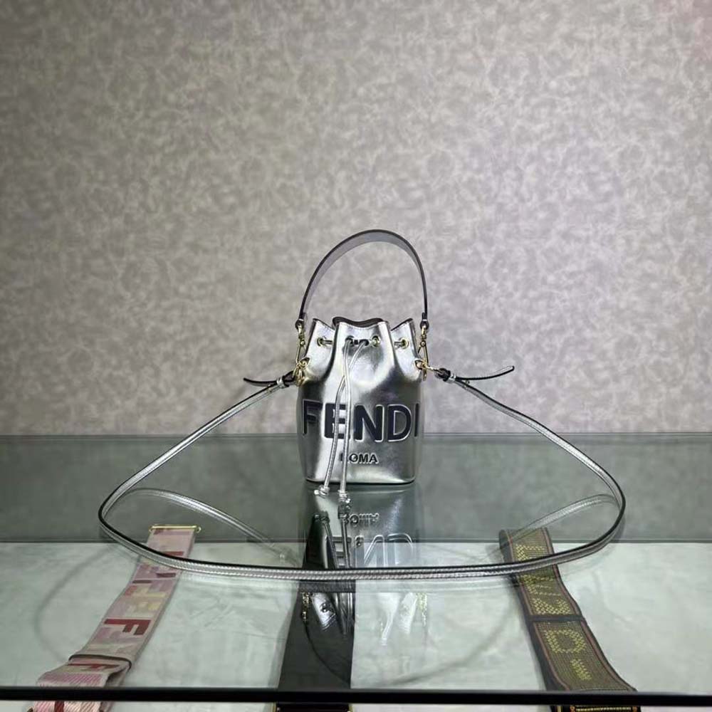 Fendi Women Mon Tresor Silver Laminated Leather Mini Bag