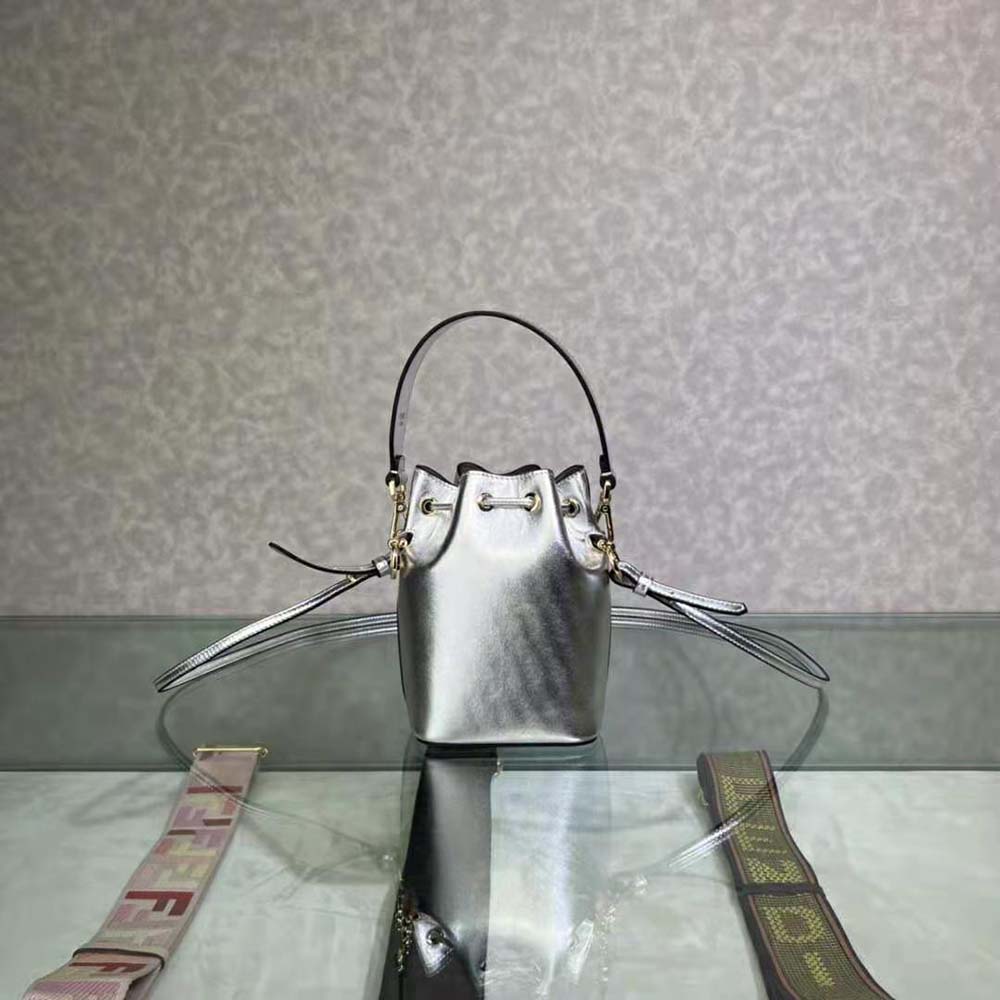 Fendi Women Mon Tresor Silver Laminated Leather Mini Bag