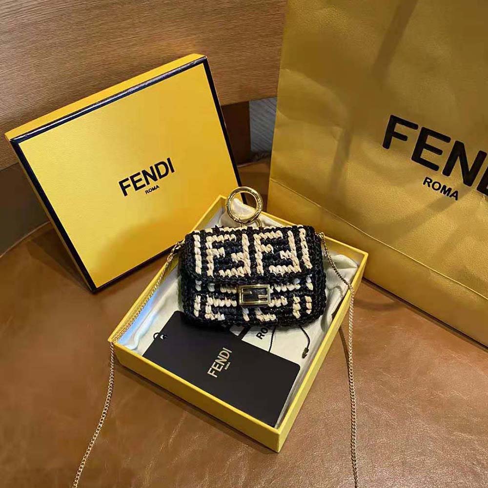 Fendi Women Nano Baguette Charm Black Raffia Charm