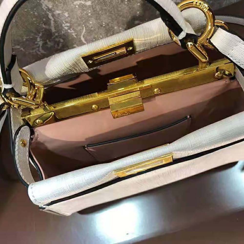 Fendi Women Peekaboo Iconic Mini FF White Glazed Fabric Bag with Inlay