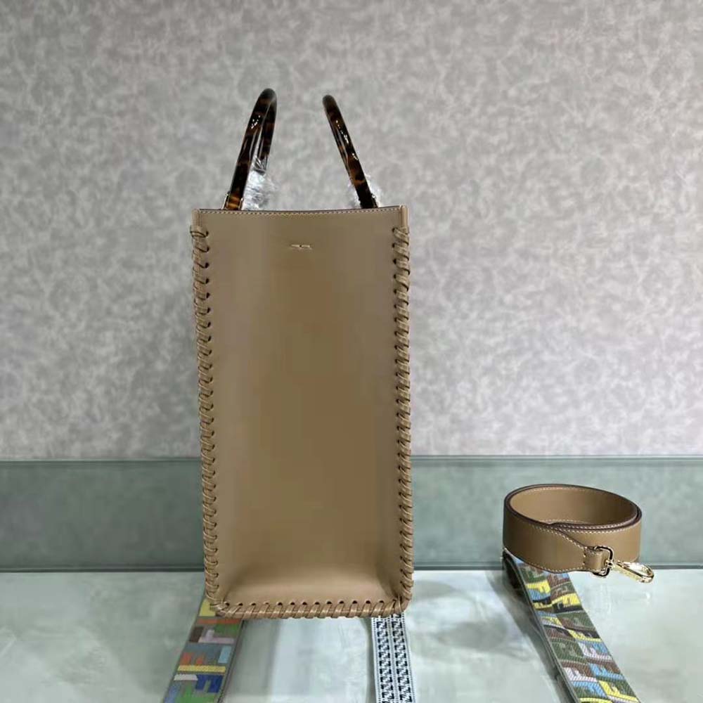 Fendi Women Sunshine Medium White Leather Shopper with Decorative Stitching