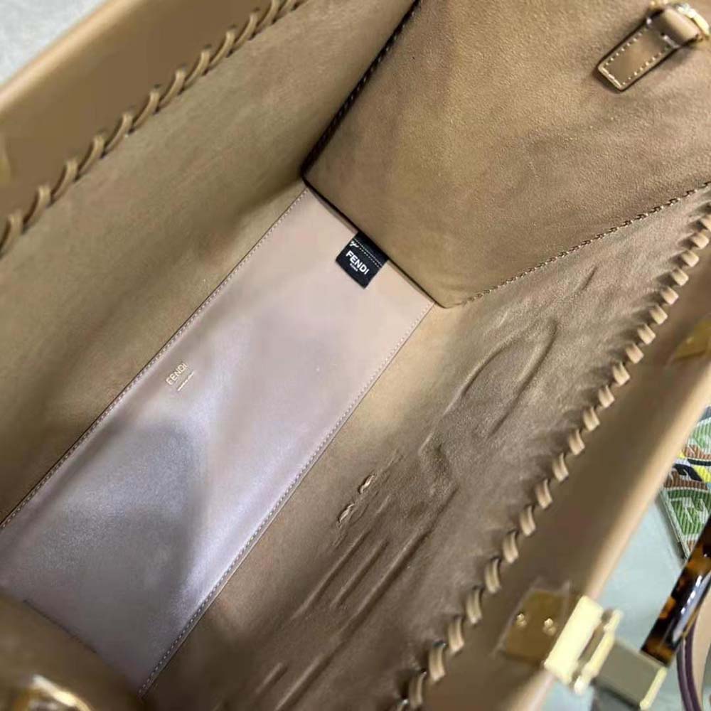 Fendi Women Sunshine Medium White Leather Shopper with Decorative Stitching