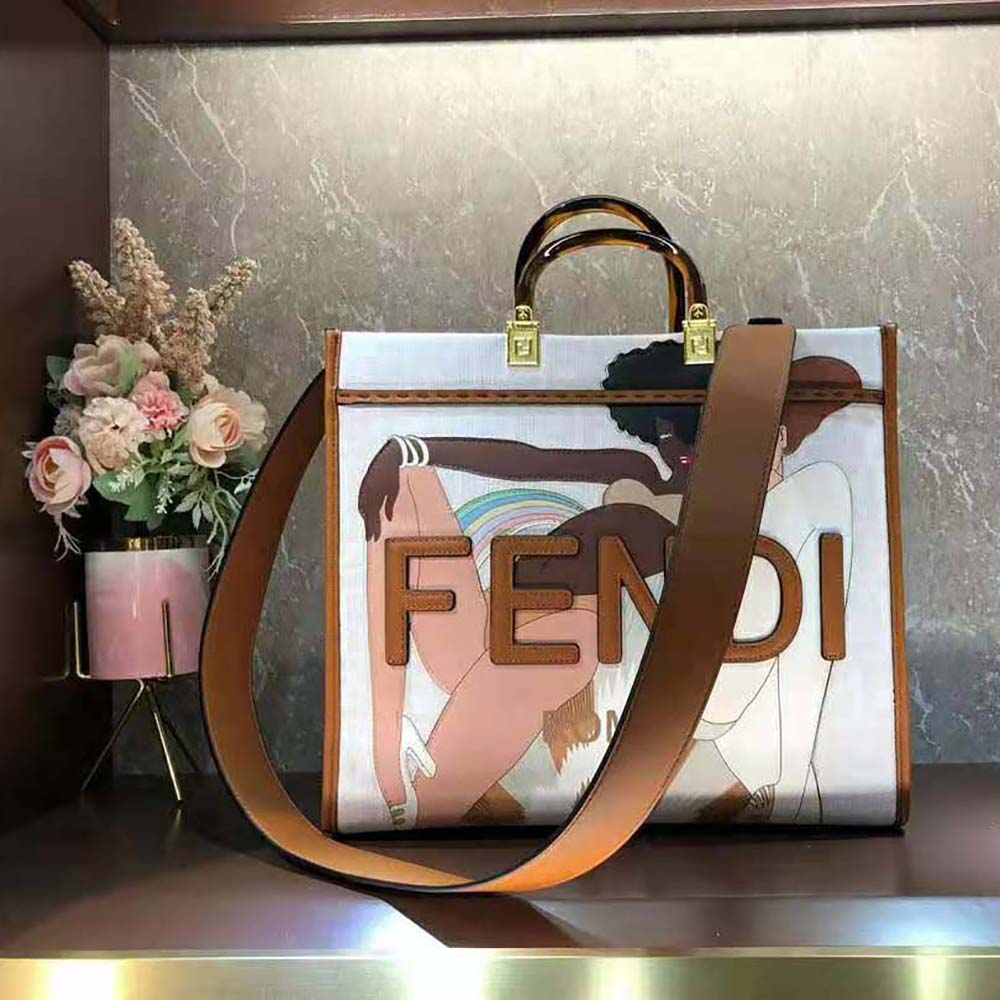 Fendi Women Sunshine Medium FF white Glazed Fabric Shopper with Inlay