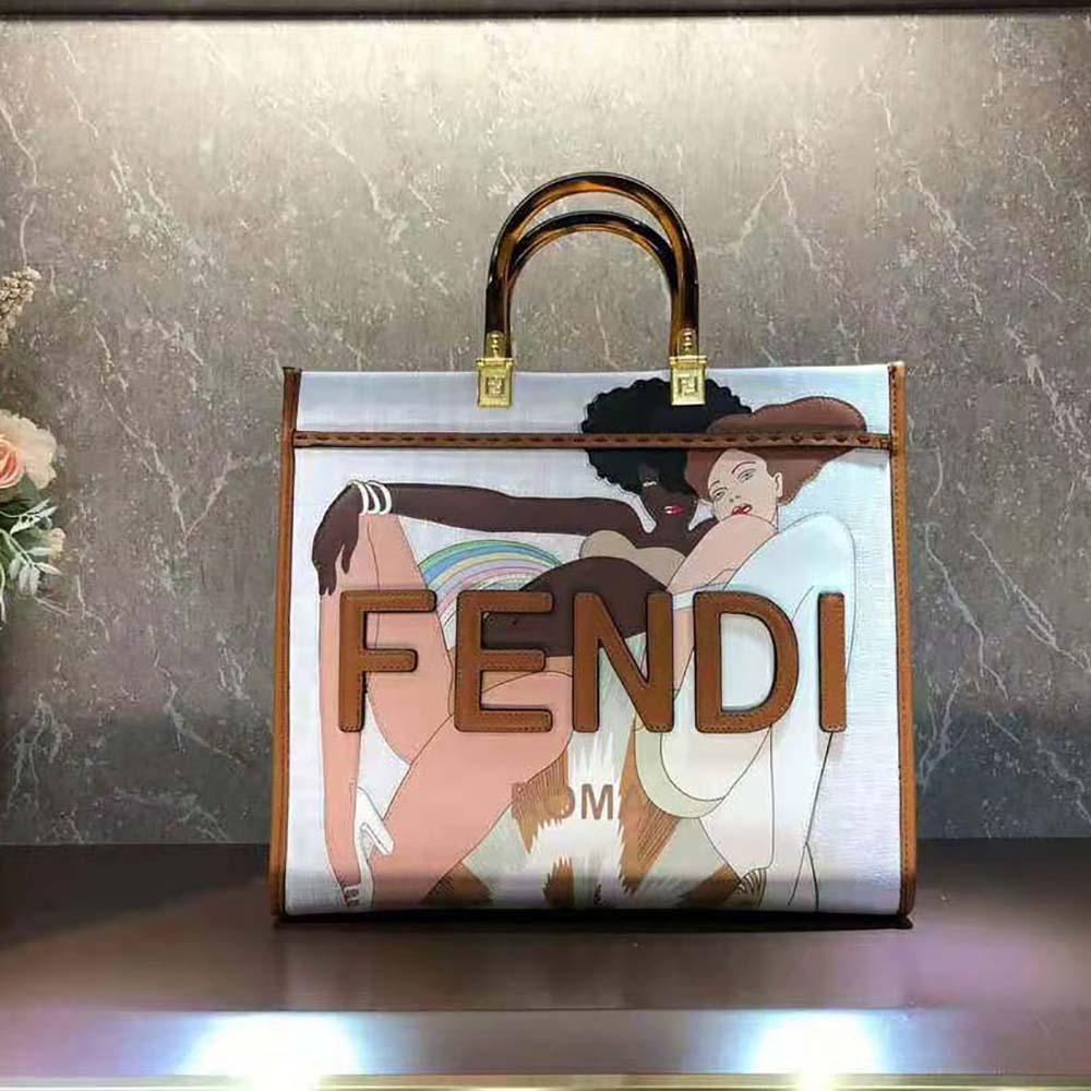 Fendi Women Sunshine Medium FF white Glazed Fabric Shopper with Inlay