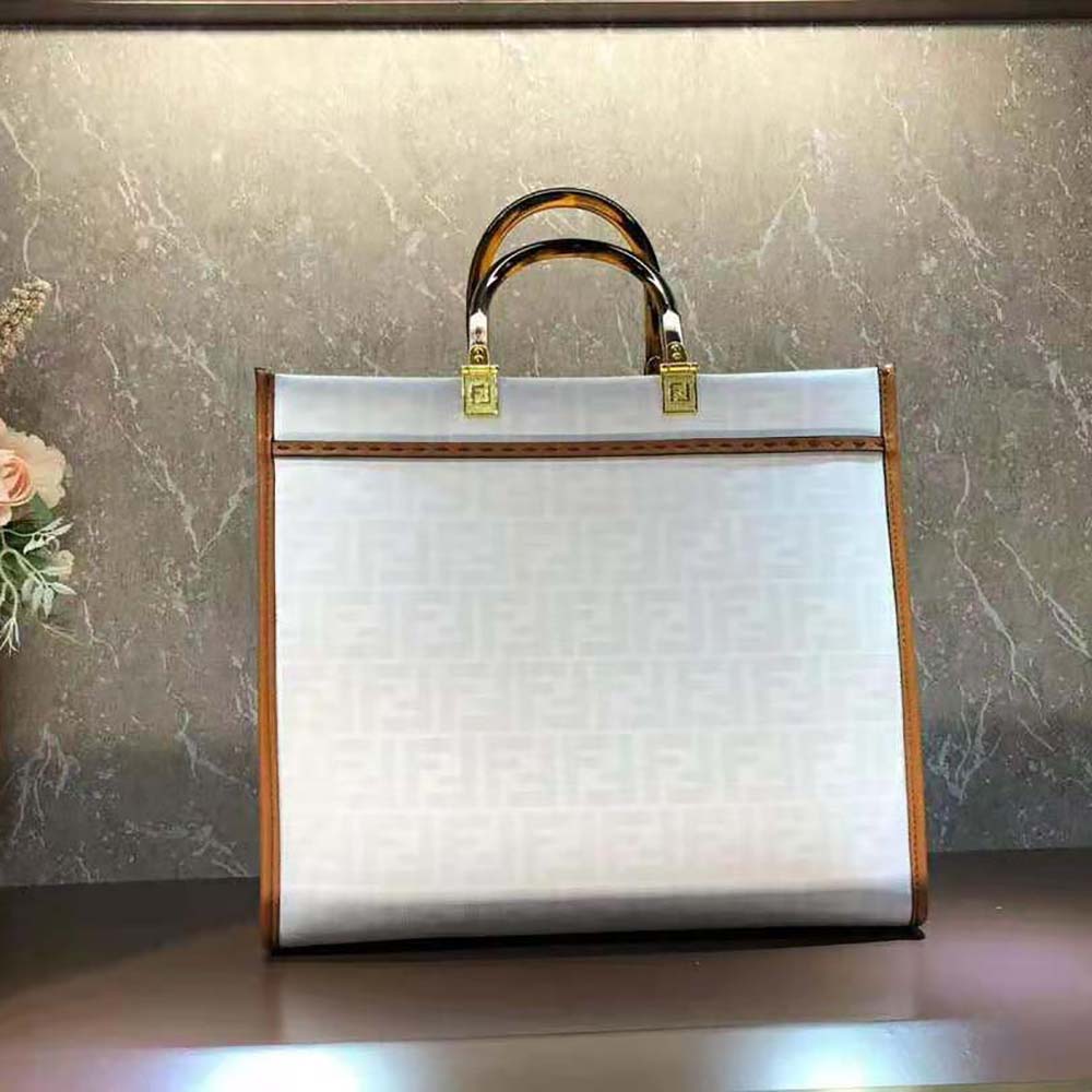Fendi Women Sunshine Medium FF white Glazed Fabric Shopper with Inlay