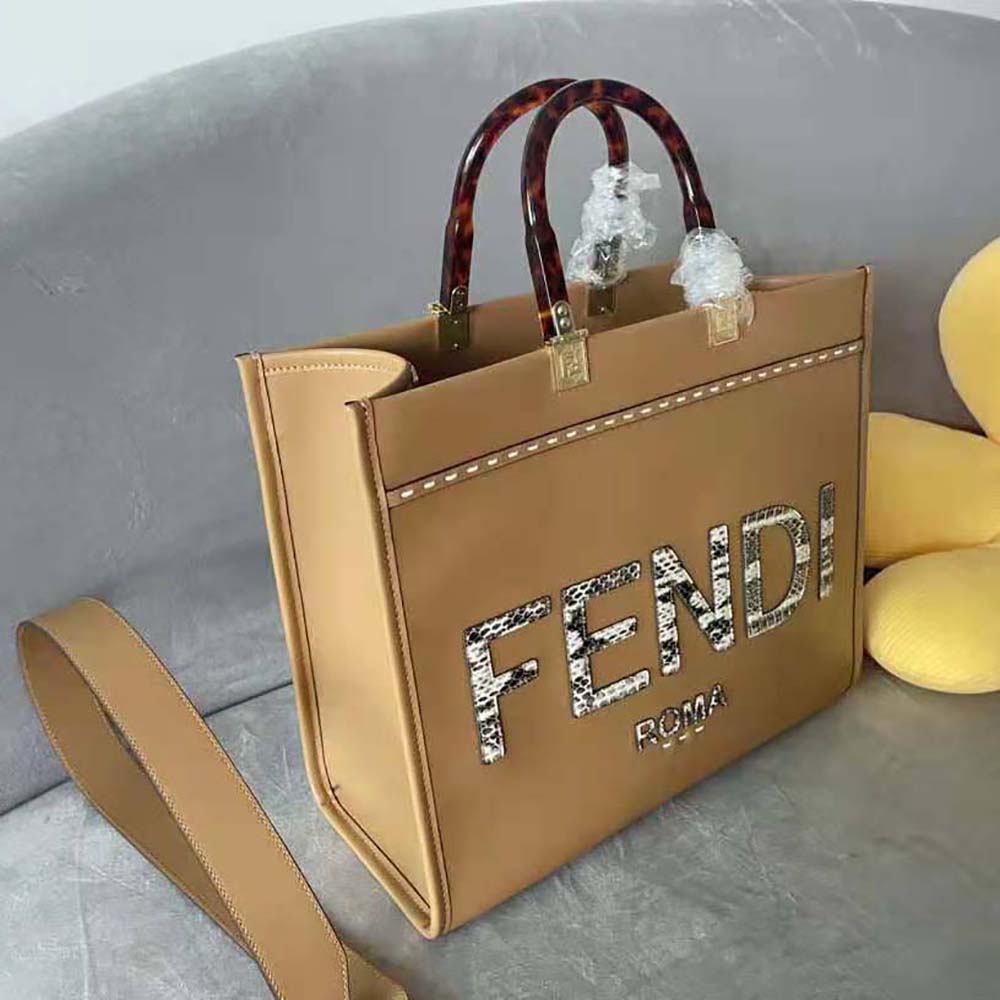 Fendi Women Sunshine Medium Light Brown Leather and Elaphe Shopper Bag