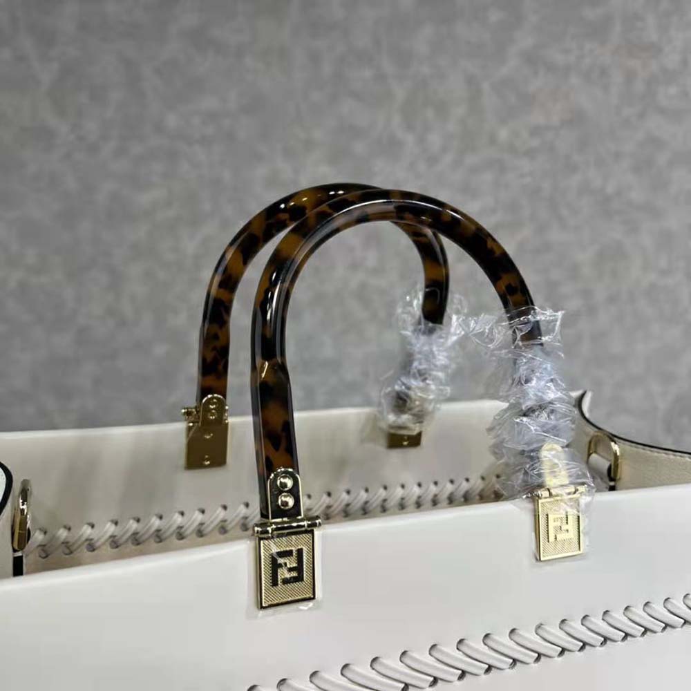 Fendi Women Sunshine Medium White Leather Shopper with Decorative Stitching