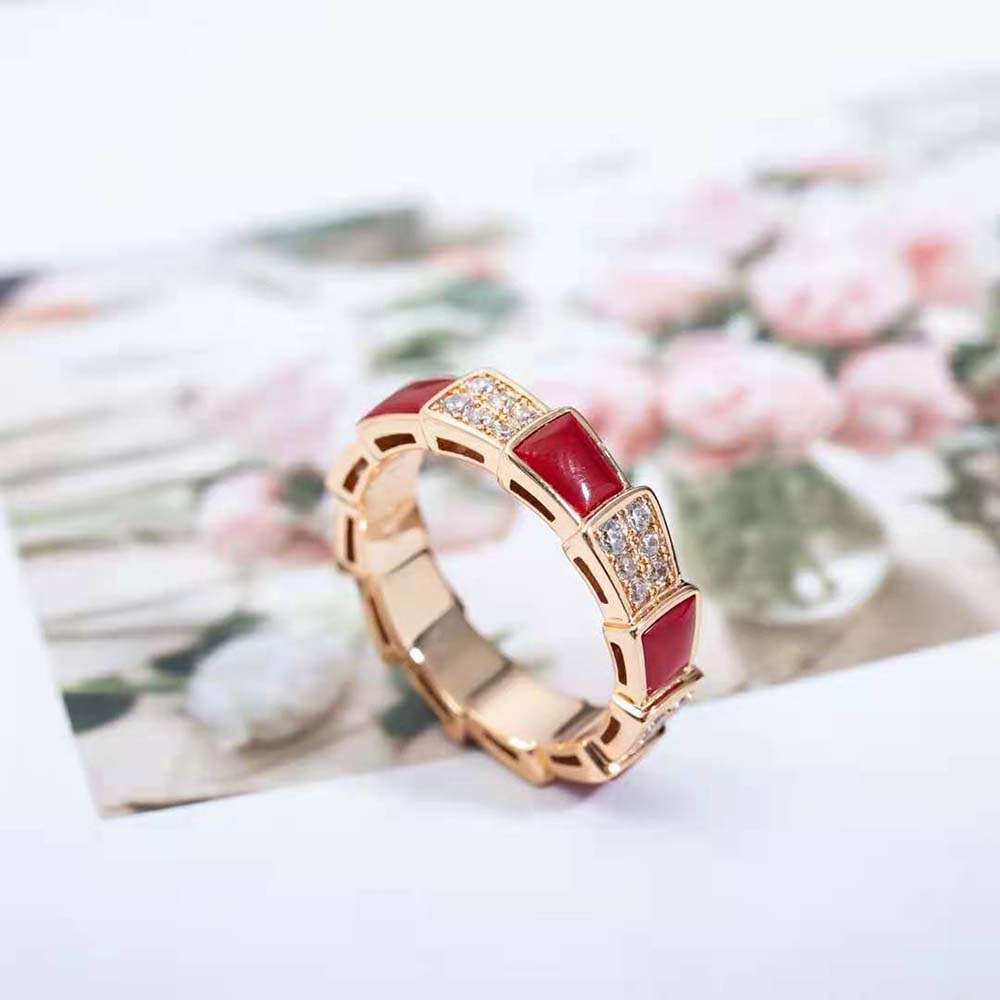Bvlgari Women Serpenti Viper Band Ring in 18 KT Rose Gold-Red