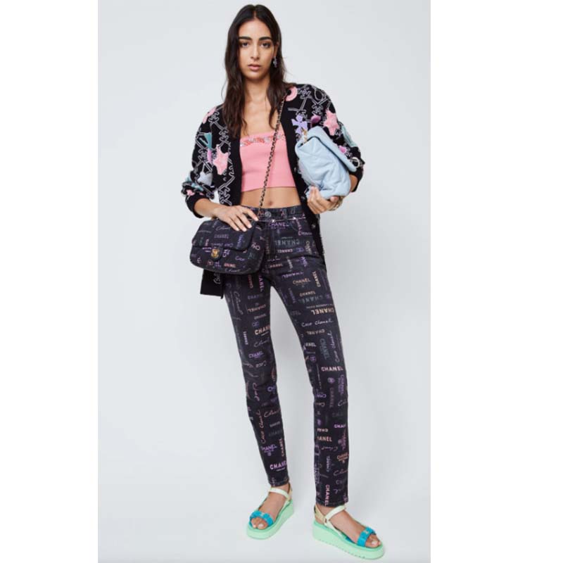 Chanel CC Women Large Flap Bag Printed Denim Gold-Tone Metal Black Multicolor