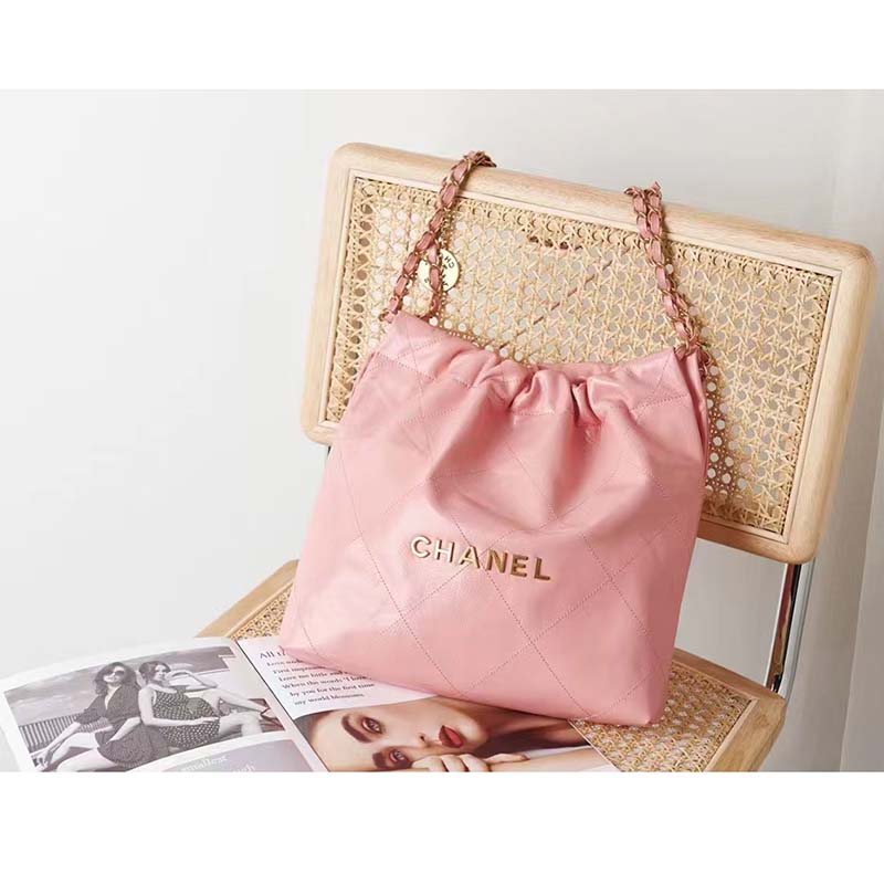 Chanel Women 22 Small Handbag Shiny Calfskin Gold-Tone Metal Coral Pink