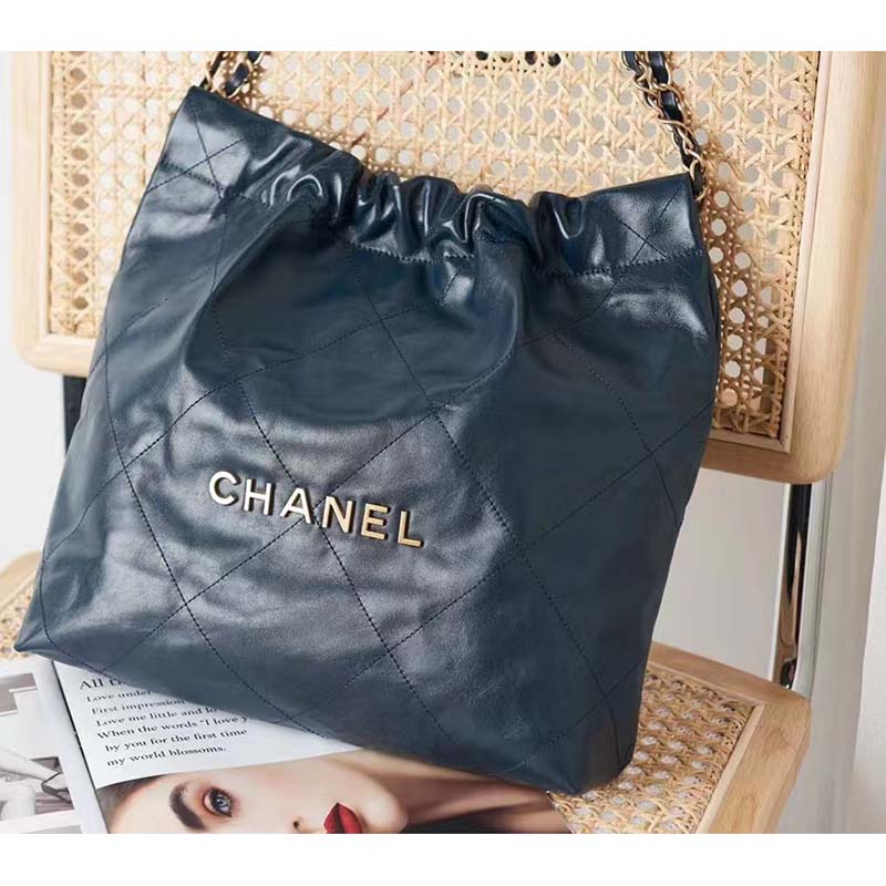 Chanel Women 22 Small Handbag Shiny Calfskin Gold-Tone Metal Navy Blue