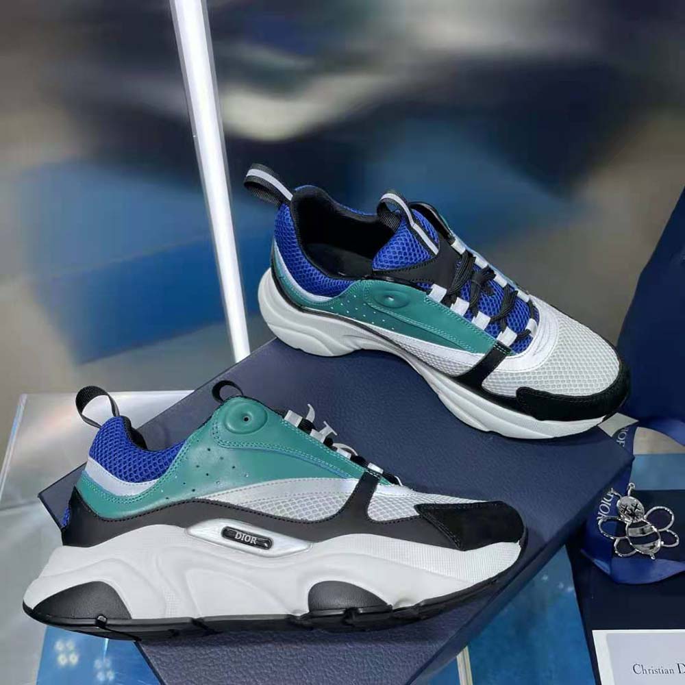 Dior Men B22 Sneaker White and Blue Technical Mesh with Deep Green and Black Smooth Calfskin