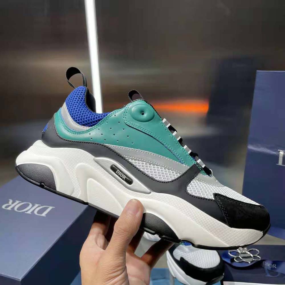 Dior Men B22 Sneaker White and Blue Technical Mesh with Deep Green and Black Smooth Calfskin