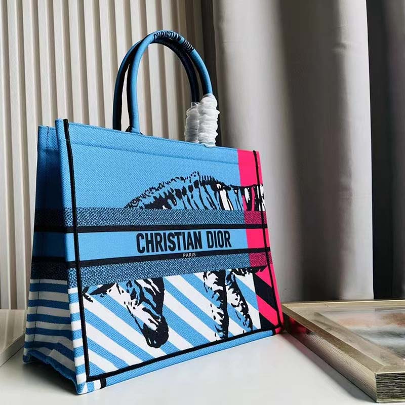 Dior Unisex CD Large Book Tote Blue Pink D-Jungle Pop Embroidery