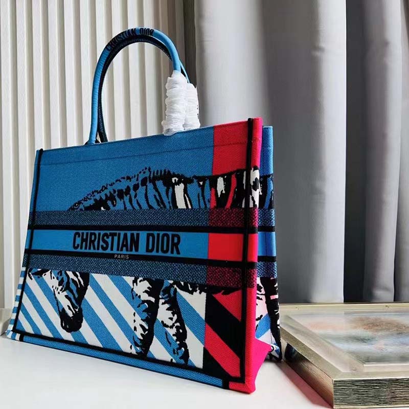 Dior Unisex CD Large Book Tote Blue Pink D-Jungle Pop Embroidery