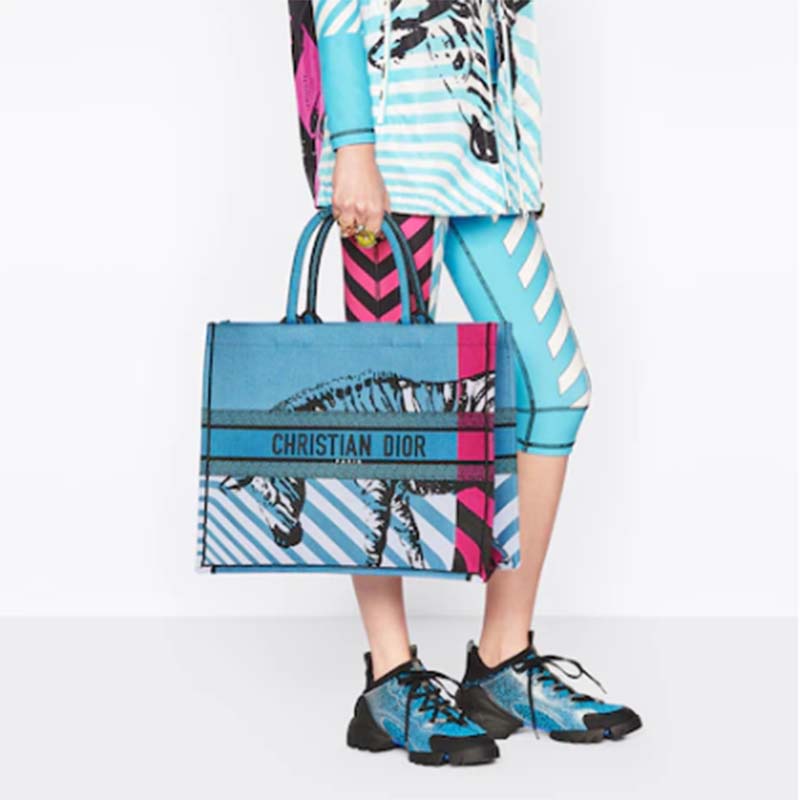 Dior Unisex CD Large Book Tote Blue Pink D-Jungle Pop Embroidery