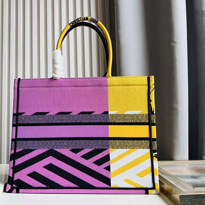 Dior Unisex CD Large Book Tote Yellow Pink D-Jungle Pop Embroidery