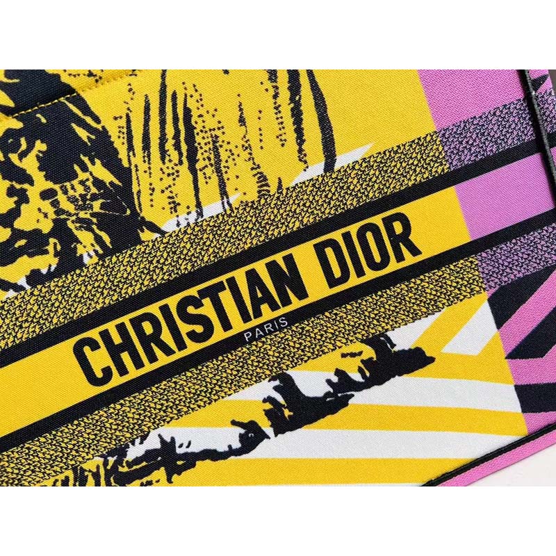 Dior Unisex CD Large Book Tote Yellow Pink D-Jungle Pop Embroidery