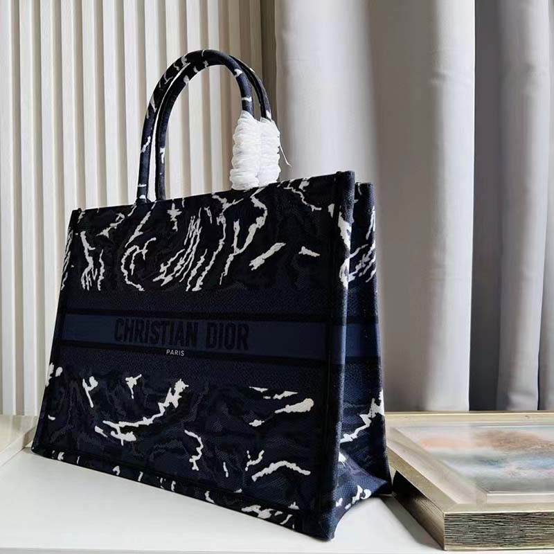 Dior Unisex CD Large Dior Book Tote Blue Dior Roses Embroidery