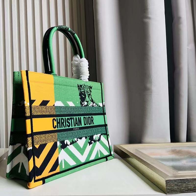Dior Unisex CD Medium Book Tote Green Orange D-Jungle Pop Embroidery