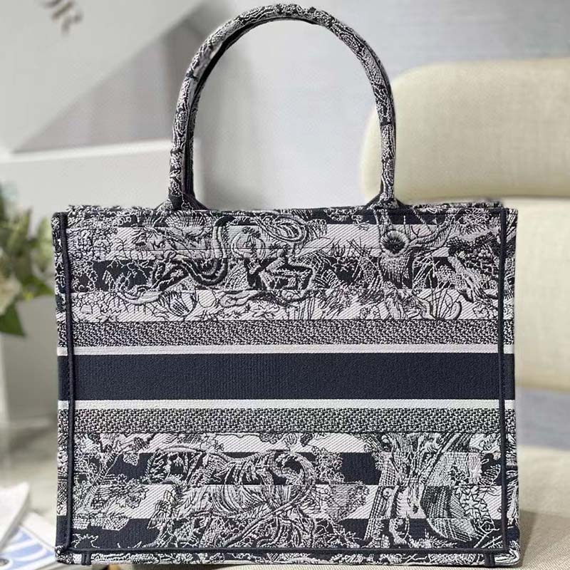 Dior Women CD Medium Book Tote Navy Blue Toile De Jouy Stripes Embroidery
