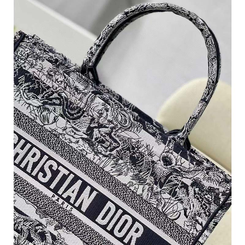 Dior Women CD Medium Book Tote Navy Blue Toile De Jouy Stripes Embroidery