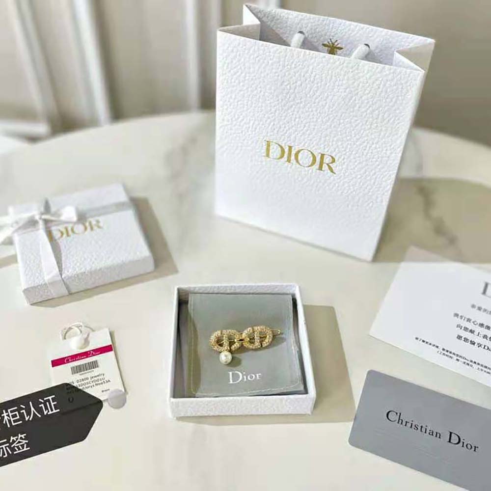 Dior Women CD Navy Barrette Gold-Finish Metal and White Crystals