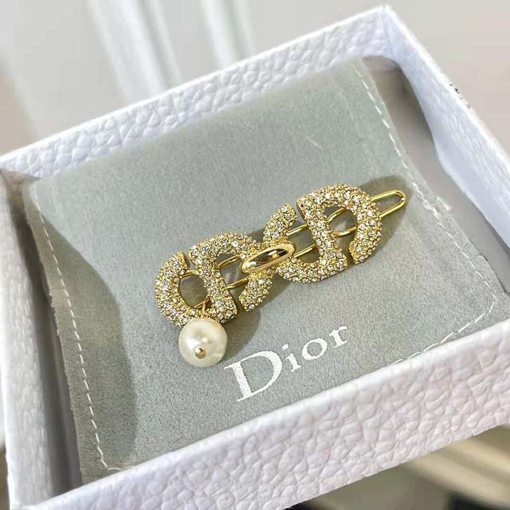 Dior Women CD Navy Barrette Gold-Finish Metal and White Crystals