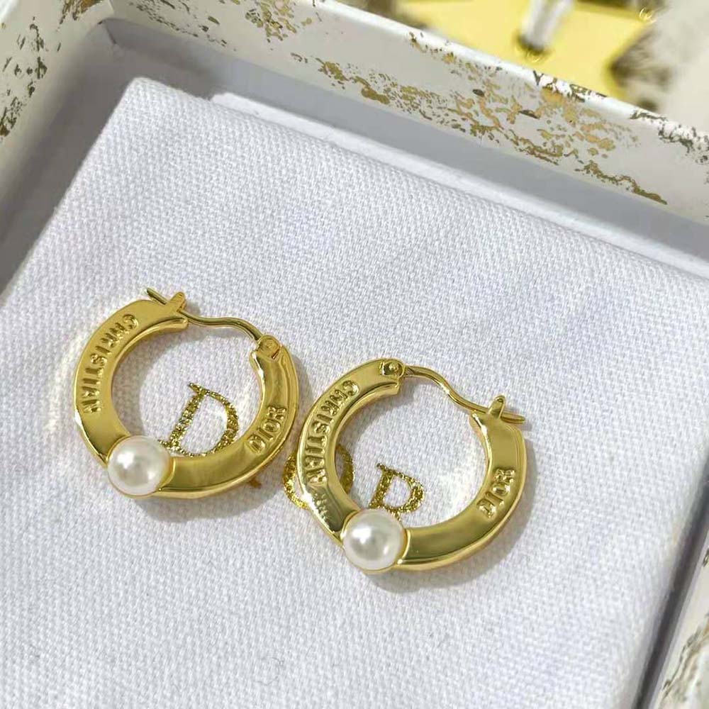 Dior Women CD Navy Earrings Gold-Finish Metal and White Resin Pearls