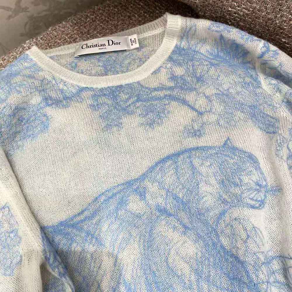 Dior Women Chez Moi Embroidered Sweater Cornflower Blue Technical Cashmere Knit