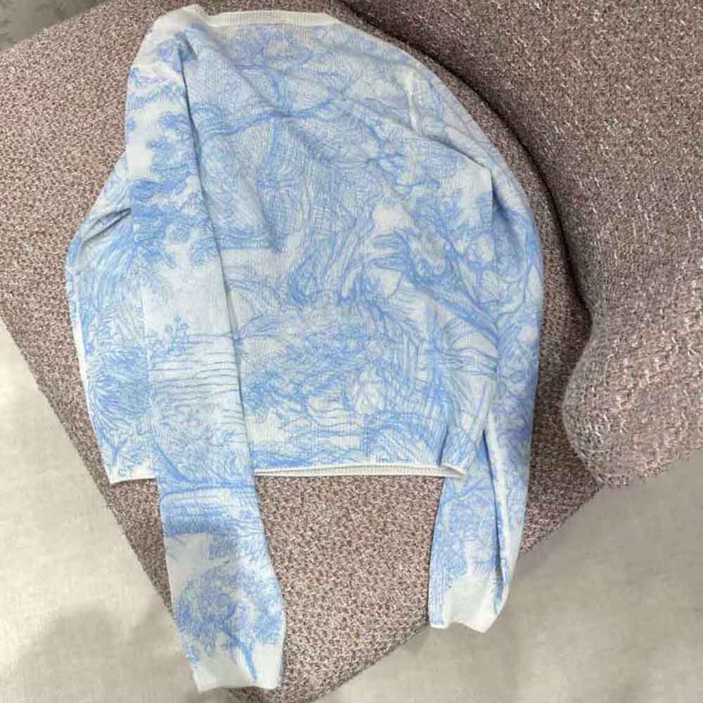 Dior Women Chez Moi Embroidered Sweater Cornflower Blue Technical Cashmere Knit