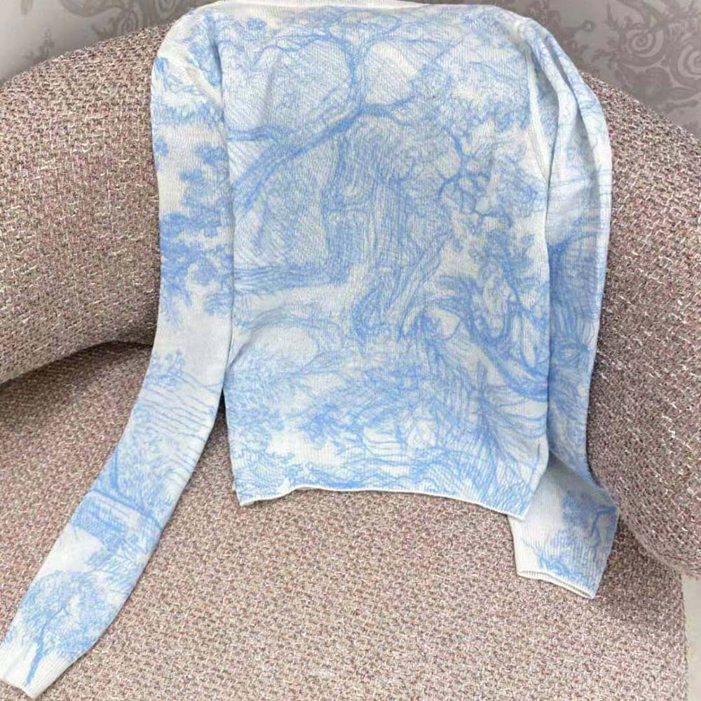 Dior Women Chez Moi Embroidered Sweater Cornflower Blue Technical Cashmere Knit